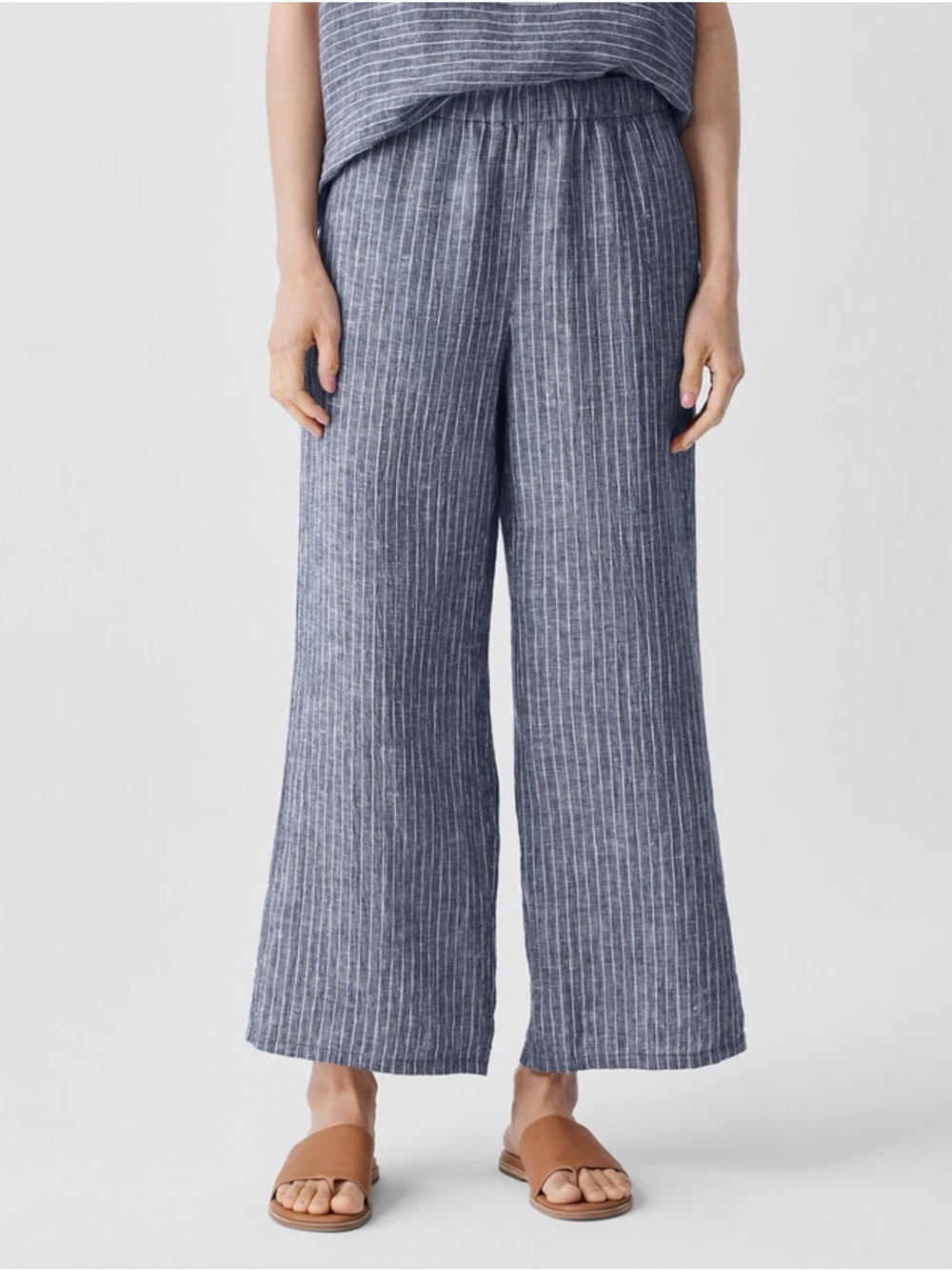 Eileen Fisher Puckered Organic Linen Wide Leg Pant Size MED Indigo Blue Striped